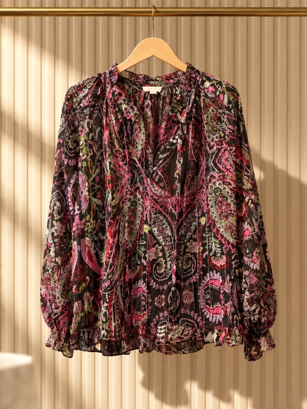 Elan Black Sheer Paisley Blouse with Pink & Green Accents